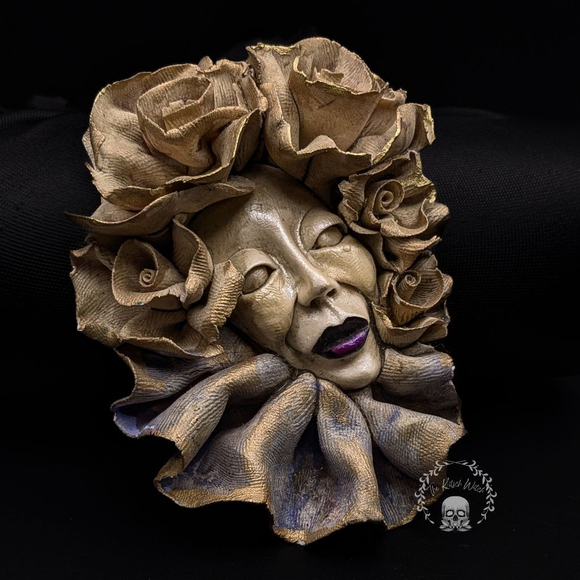 Jewelry - Incredible Sculpted Ceramic Brooch of Witchy Woman with Roses Handcrafted
